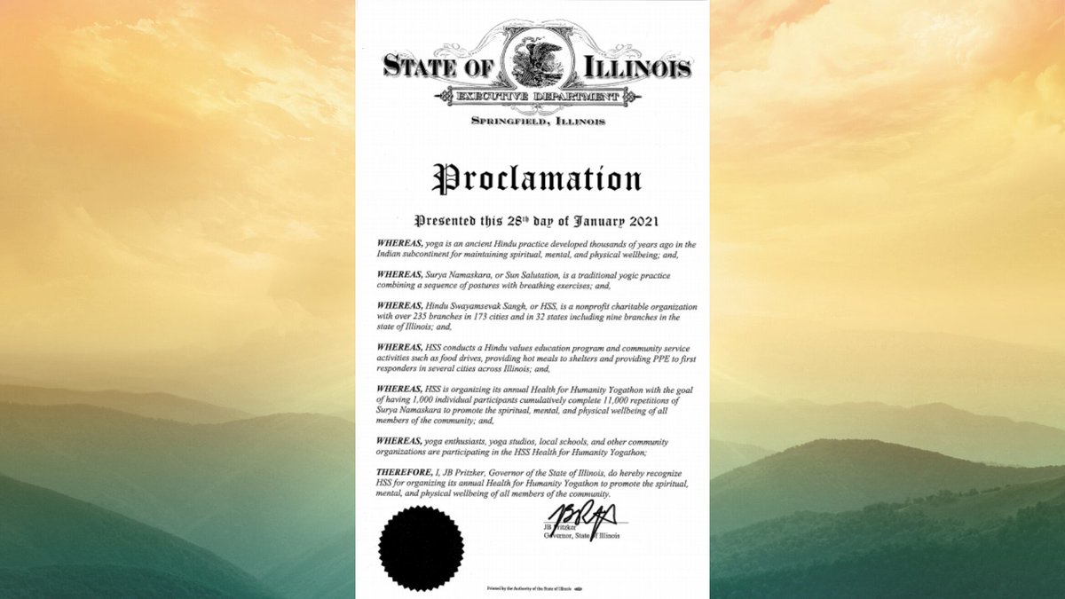 hssusa's tweet photo. Thank you Gov. Pritzker @GovPritzker of the state of Illinois for recognizing the ’Health for Humanity Yogathon’ organized by HSS, in USA.
 
Illinoisans performed over 70,000 repetitions of 10-pose Surya Namaskar during this Yogathon!
 
#SNY
#Yoga4Health
#HSSPromotesYoga https://t.co/EYSU4ILz2D