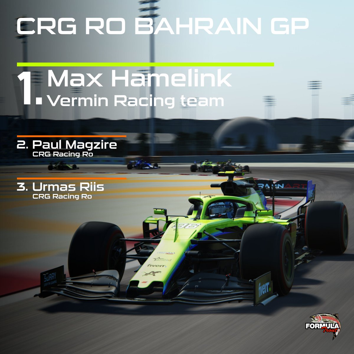 FormulaTrout_'s tweet image. Congratulations to Max Hamelink, our winner for the @crgesportsro Bahrain GP! Fending off Urmas Riis and Paul Magzire, he wins on his return to the Premier Series after a season out.

#racing #esports #racesimstudio #race #motorsport #winner #results #assettocorsa #simracing