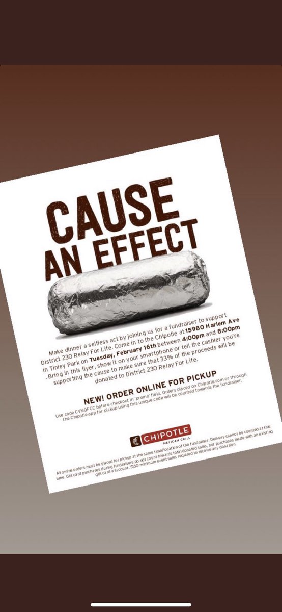 TACO TUESDAY?! Giving back never tasted so good! Stop by Chipotle TODAY 4-8 to support your <a href="/D230Relay/">American Cancer Society on Campus at D230</a> and they will donate 33% of your order to Relay!! @MHernandezSW @MeganMarcus7 <a href="/jltyrrell8/">Dr. Jennifer Tyrrell</a> <a href="/SandburgHS/">Carl Sandburg H.S.</a> <a href="/AndrewHS_d230/">Victor J. Andrew High School</a> <a href="/StaggHighSchool/">Stagg High School</a>