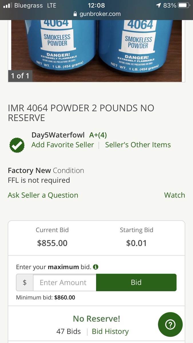 To the ppl who are doing this shit on Gunbroker, you’re the problem... and you’re stupid. 

This powder sells for $30-40/lb for ppl that are unfamiliar with my claim. 

Current bid $855, 47 bids so far for 2 lbs 

#ReloadingProblems #Market #Stupidity #PowderShortage