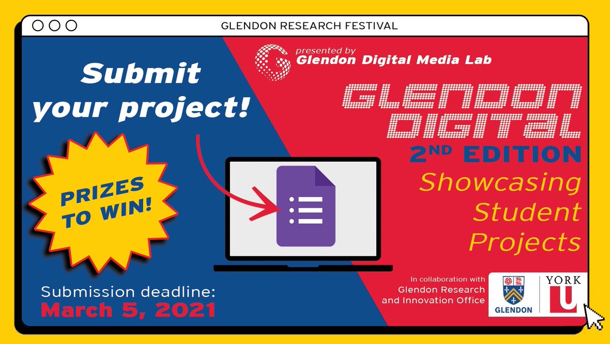 🌟 A reminder for this campus-wide call for digital projects! Deadline to submit is March 5th, submission is open to all  <a href="/GlendonCampus/">Glendon Campus YorkU</a> students &amp; there are prizes to win! 

👇👀👇

glendon.yorku.ca/digital-media-…

<a href="/PrincipalGL/">Glendon Principal</a> <a href="/AudreyPyee/">Audrey Pyee</a> <a href="/glstudentlife/">La vie étudiante à Glendon</a> <a href="/GlendonAlumni/">Glendon Alumni</a>