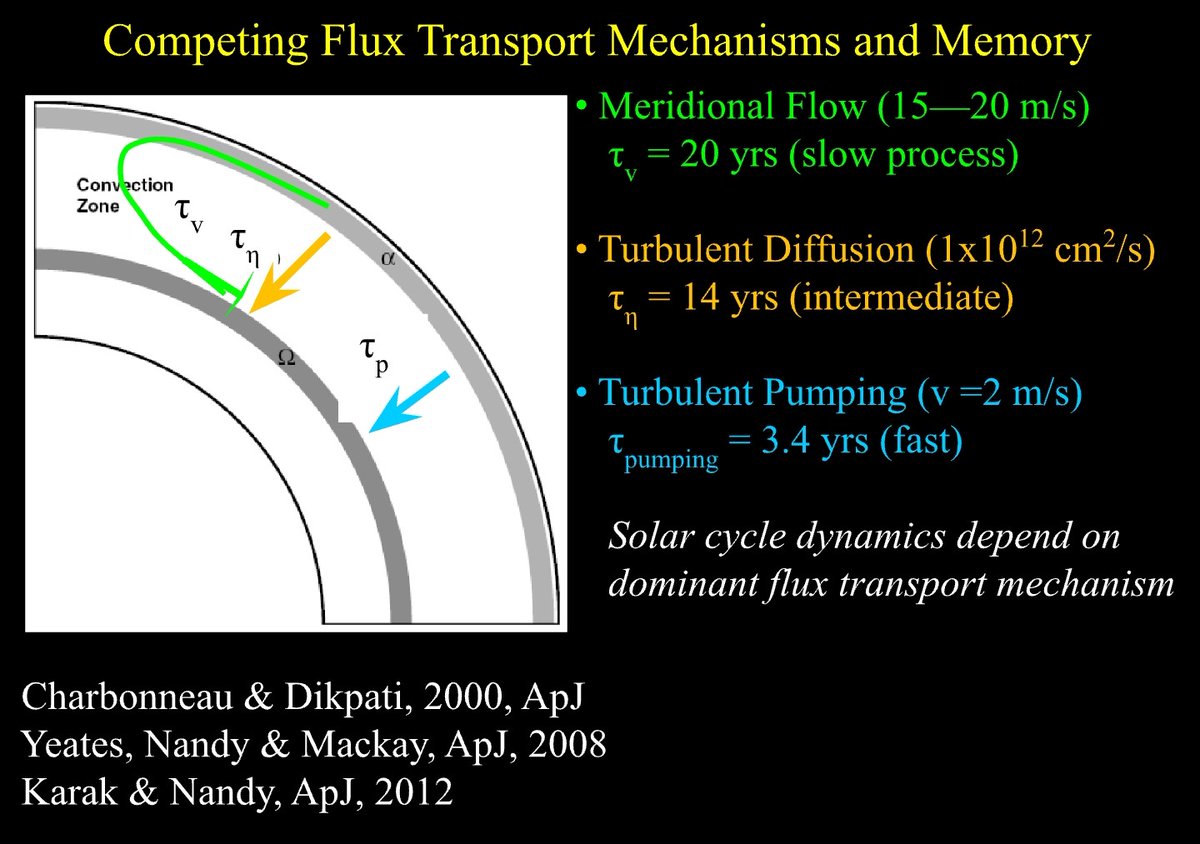 There are two mechanisms, namely turbulent pumping and turbulent  #diffusion of magnetic fields which are faster processes than meridional circulation and can bring down poloidal field produced during a cycle to the toroidal field production site within that cycle itself 16/n