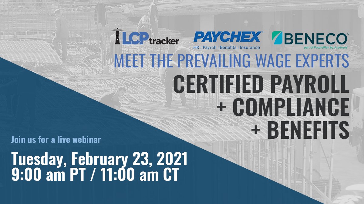 LCPtracker's tweet photo. Join #LCPtracker as we co-host a virtual event with #Paychex and #Beneco. Learn about how this partnership can help you maintain compliance on your #prevailingwage projects. Register now: https://t.co/Rl6GCiHBAf
#LCPcertified #CertifiedPayrollReports https://t.co/ysk9Q59vFe