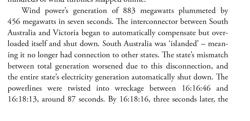 Here's what happened in the following seconds:- A voltage spike from the line falls- Wind turbines automatically shut off due to software settings that trigger shutdown during a spike- The interconnector to Vic tried to compensate, failed and died- All of SA blacked out