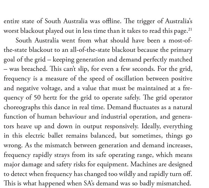 Here's what happened in the following seconds:- A voltage spike from the line falls- Wind turbines automatically shut off due to software settings that trigger shutdown during a spike- The interconnector to Vic tried to compensate, failed and died- All of SA blacked out