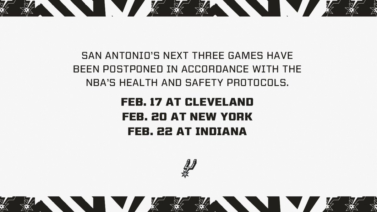 RT @spurs: Our next three games have been postponed in accordance with the NBA's Health and Safety Protocols. https://t.co/q9cOsJXNvi