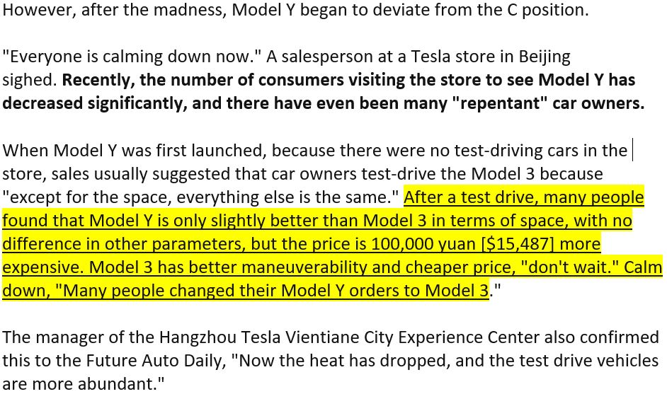 2/ No reason given for the Y's long lead time. MIC Model 3 only 3-5 weeks. Odd that Tesla Sales saying orders in May for Y still will require 5 months lead time. "Model Y fever" is dying down, it appears. MIC M3 is $15K cheaper & seen as a better buy in China.