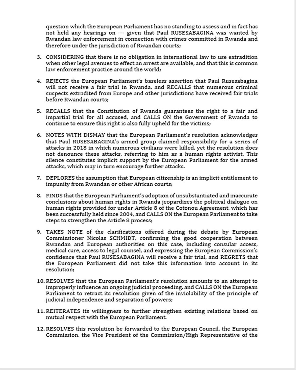 RwandaParliamnt's tweet photo. Resolution by The Parliament of Rwanda on the European Parliament Resolution of 11 February 2021 on Rwanda, the case of Paul Rusesabagina (2021/2543(RSP)) https://t.co/lRYpK34nNz