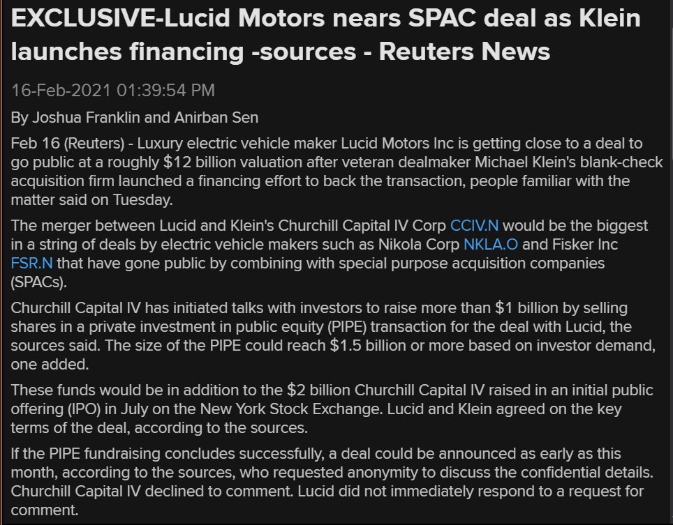 FTJFranklin's tweet image. SCOOP: Michael Klein’s $CCIV is getting closer to a #SPAC merger with @LucidMotors:
- started fundraising for ~$1B PIPE
- proposed valuation is ~$12B
- deal could be announced as early as this month

Story ✍️ with @ASenjourno