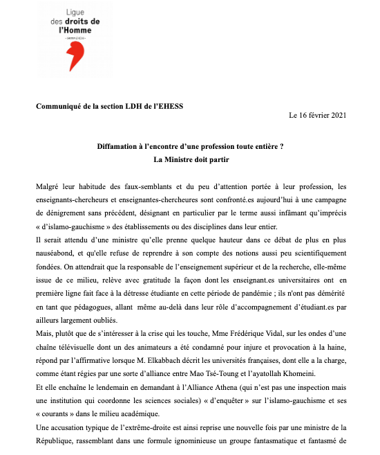 AntonioCasilli's tweet photo. Communiqué de la section Ligue des Droits de l'Homme de l'@EHESS_fr. "Plus que jamais la démission de la ministre Frédérique Vidal s'impose." https://t.co/HC03e5p0HP