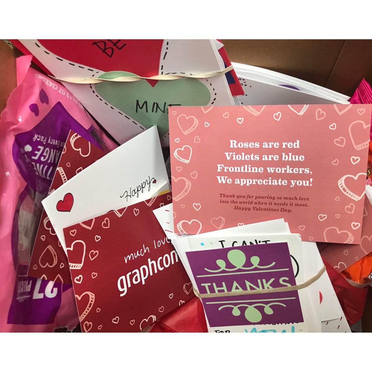 graphcominc's tweet photo. Our team had a little too much fun creating some homemade #Valentines for some of our #HealthCare clients and their #FrontLineWorkers this #ValentinesDay. It's the least we could do to show our love and appreciation! πβ₯οΈπ
#PoweredByGraphcom #ClientLove #CultureOfGood https://t.co/jdfJO4YlQd