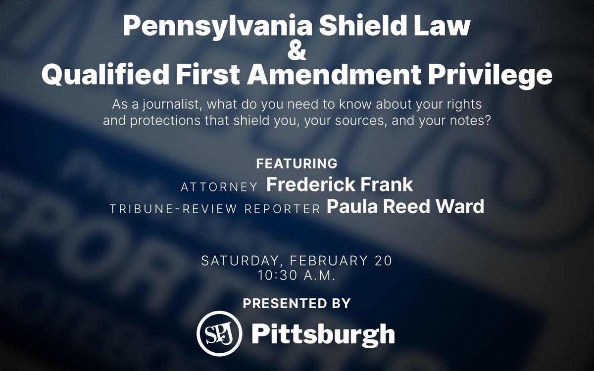 Make a cup of coffee and join us this Saturday (Feb. 20) for a conversation with attorney Frederick Frank and <a href="/PaulaReedWard/">Paula Reed Ward</a> on the Pennsylvania Shield Law for journalists and the Qualified First Amendment Privilege! Register here: eventbrite.com/e/a-journalist…