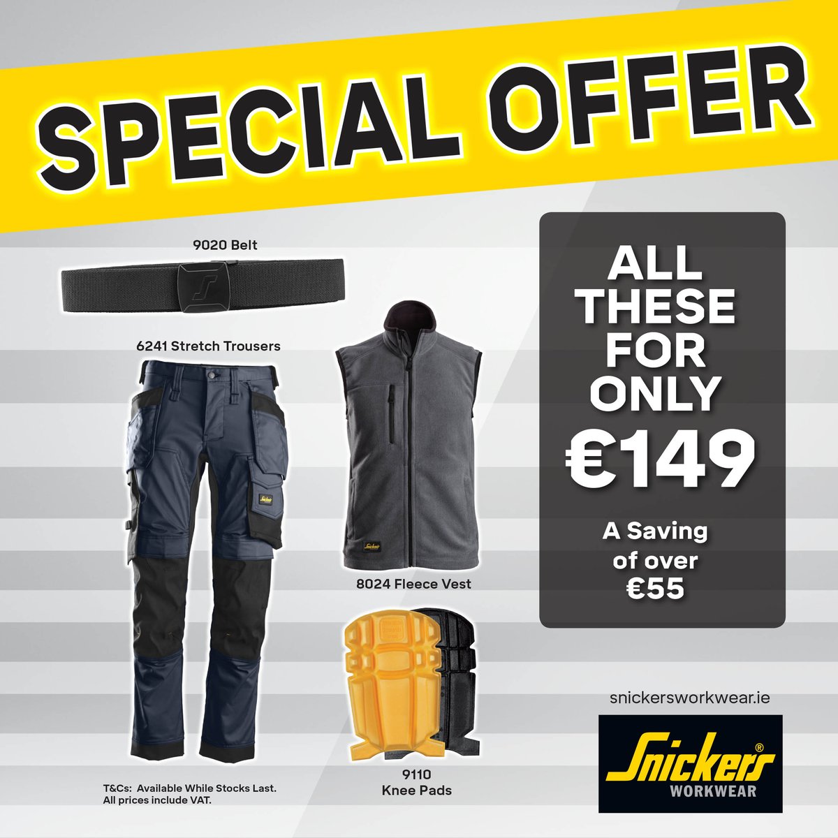 HLSToolStore's tweet photo. We have a great offer from Snickers Workwear. Get the new AllroundWork Fleece bodywarmer, any 6241 trousers, an elastic belt and knee pads for only €149 inc vat.
​Act fast, we only have 20 packs and limited sizes.
​Order online at https://t.co/tbJ35D7z76 https://t.co/TZNAPE4ONW