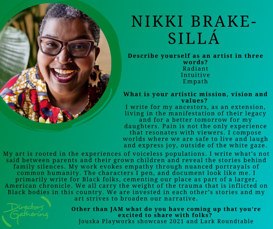 DirectorsGather's tweet photo. #WeGather for (DG) JAM Director Nikki Brake-Sillá
Join us virtually for (DG) JAM on Saturday February 27th at 5:00pm EST, tickets are free. RSVP here: https://t.co/UCN4xWrntu
#DGJAM https://t.co/I4adBkGcwe