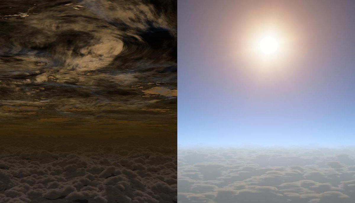 Artist's rendering of contrasting skies that might be found on planets beyond our solar system. Many of the exoplanets around the size of our system's Neptune have high cloud cover, shown at left, blocking our instruments from detecting deeper molecules. But a planet called HAT-P-11b was found to have a clear upper atmosphere, right, allowing detection of water molecules. 