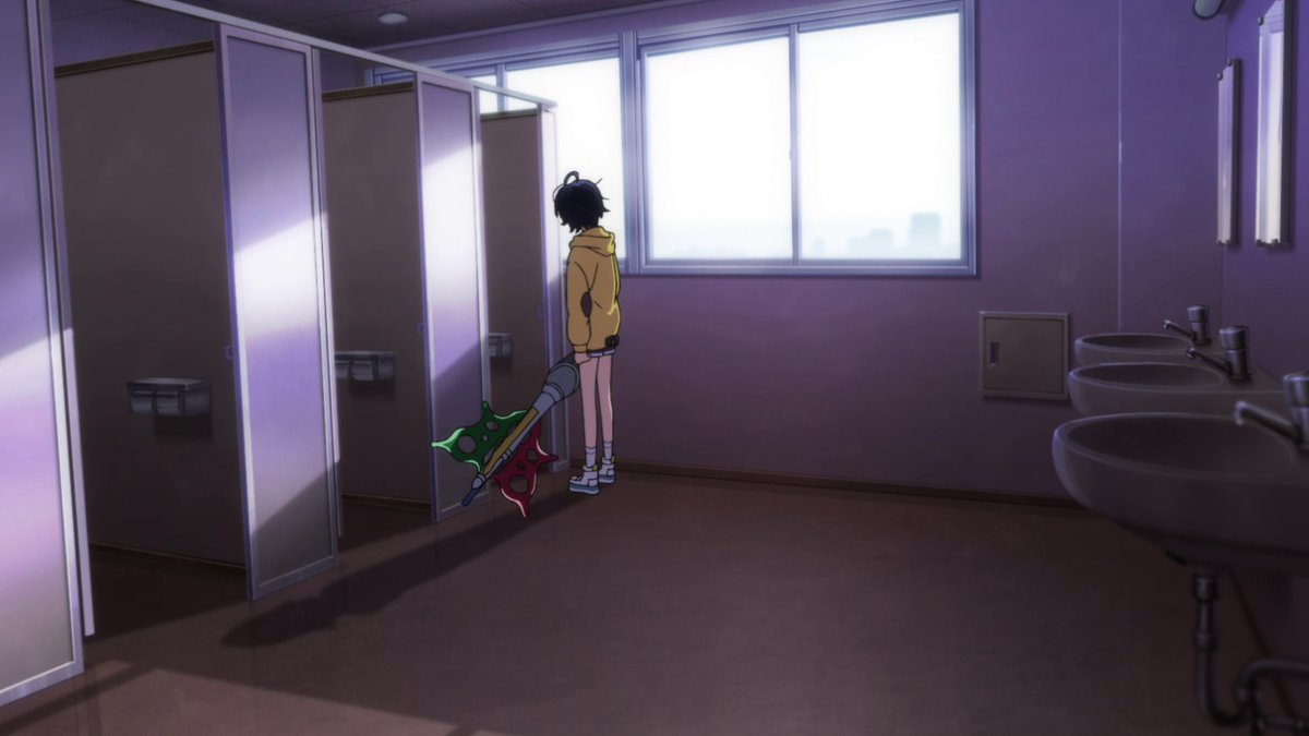 Ahhh, I love these shots! These long shots allow us to see the ample amount of space behind Ai, and there's a shot at a dutch angle that focuses on the mirror behind Ai. So much is done here to anticipate that there's something that's going to appear behind Ai. It's genius!