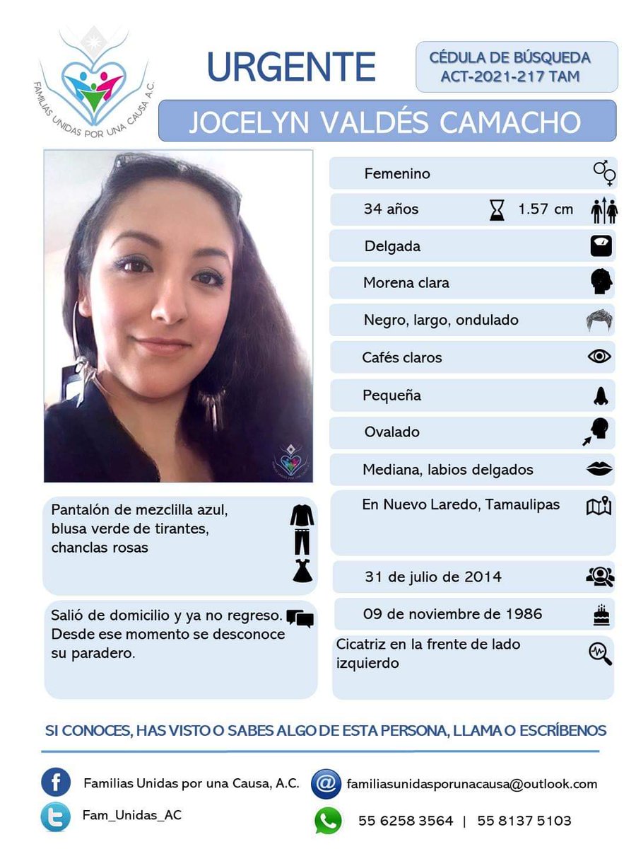 Fam_Unidas_AC's tweet photo. SERVICIO A LA COMUNIDAD

Hoy Jocelyn Valdés Camacho se transmite en Canal 5 en servicios a la comunidad

🆘AYÚDANOS A ENCONTRARLA🆘

Su familia la espera en casa
Atentos y aporta inf ☎️ @claudia66184 @LaloGonzalezM @inakimanero @AlamedaMigrante @LaAlamedaTamps @LaAlamedaAlerta https://t.co/nOqbobtmcl