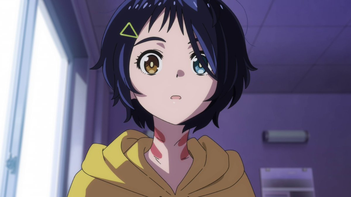 Ahhh, I love these shots! These long shots allow us to see the ample amount of space behind Ai, and there's a shot at a dutch angle that focuses on the mirror behind Ai. So much is done here to anticipate that there's something that's going to appear behind Ai. It's genius!