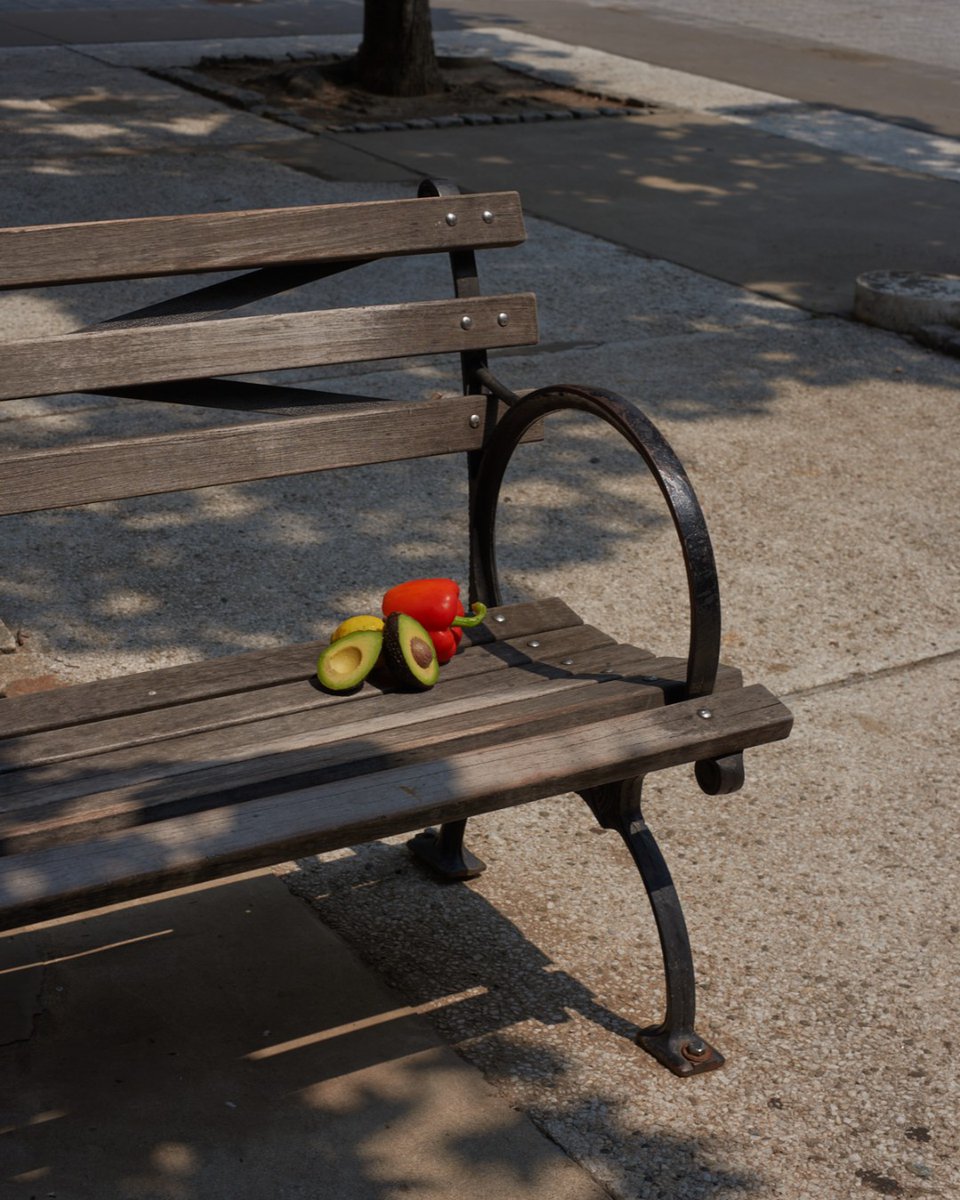 Lemon, avocado, and red pepper hanging on a park bench, anticipating spring.