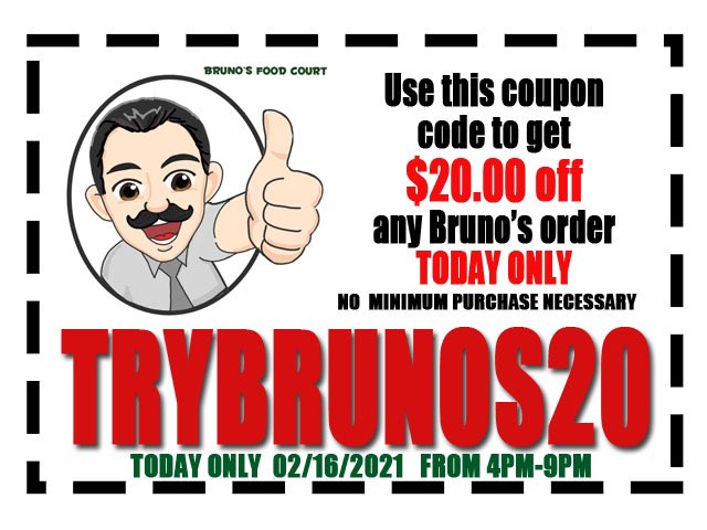ThatchFairfield's tweet photo. Check out our new partner restaurant Bruno’s Food Court! Open for takeout and delivery.  For TODAY ONLY use this coupon code to get $20 off any order.  No minimum spend!  https://t.co/C5Vjq8MASr https://t.co/wfEnP0lceI