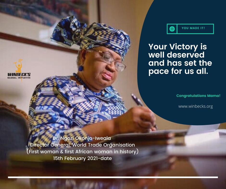 We join the rest of the world and organisations to celebrate 
<a href="/NOIweala/">Ngozi Okonjo-Iweala</a> on her victory as the Director General of <a href="/wto/">WTO</a>
We are proud of your achievement. Thank you Ma for setting the pace for us all. Yes we can!
#generationequality