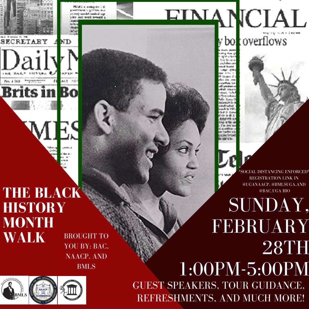 UGANAACP's tweet photo. As we wrap up this Black History Month, NAACP is partnering with @bac_uga and @bmlsuga to bring you this year��s Black History Month Walk! Join us as we honor those who paved the way for us, by registering with the link in our bio! We can’t wait to see you there! https://t.co/FdzzrDJvex