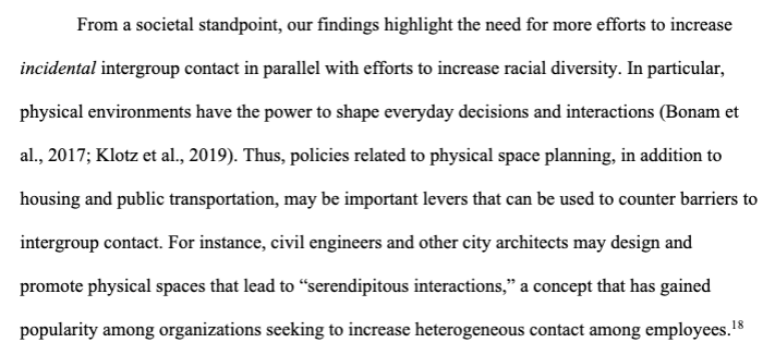 Can we transcend homophily (preference to interact w others more similar)? Authors suggest given whites choose to self segregate in diverse areas, we should engineer more contact- but what if all ethnic groups prefer to interact amongst themselves? 2/2 https://twitter.com/jonj/status/1361707703635181577