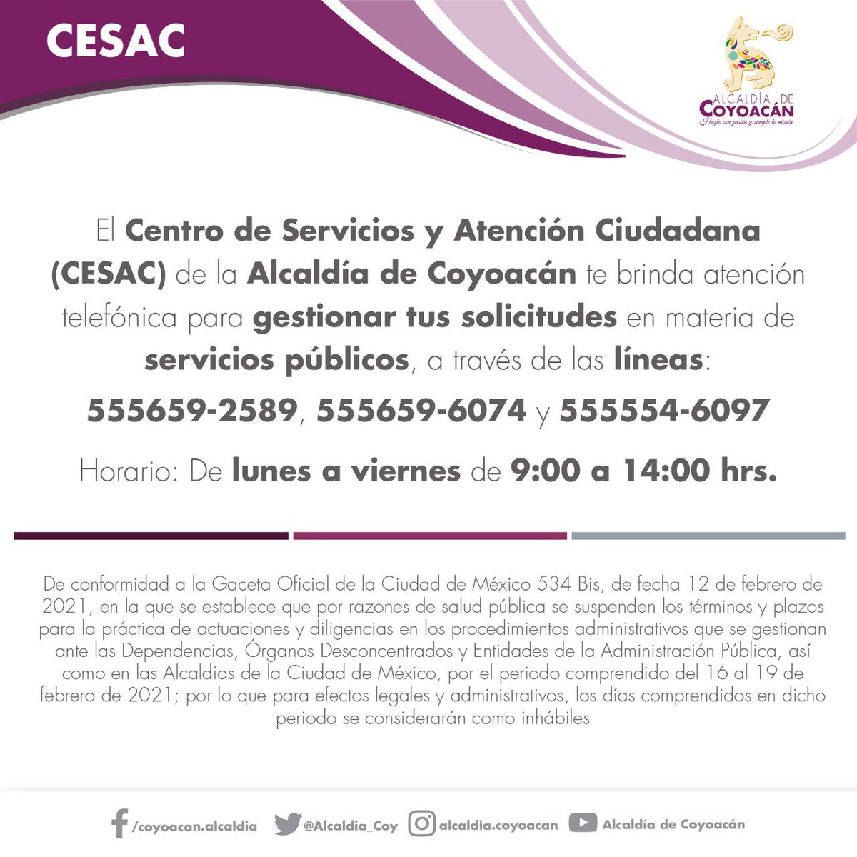 📢Atención Si necesitas o tienes un trámite pendiente, el Centro de Servicios y Atención Ciudadana (CESAC) te brinda atención telefónica ☎️ para atender tus solicitudes en materia de servicios públicos.👷🏽‍♂️ #CoyoacánTeEscucha