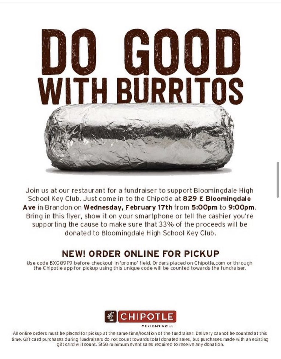 KeyBshs's tweet image. Tomorrow night from 5pm - 9pm come support the BSHS Key Club at Chipotle! We hope to see you there!