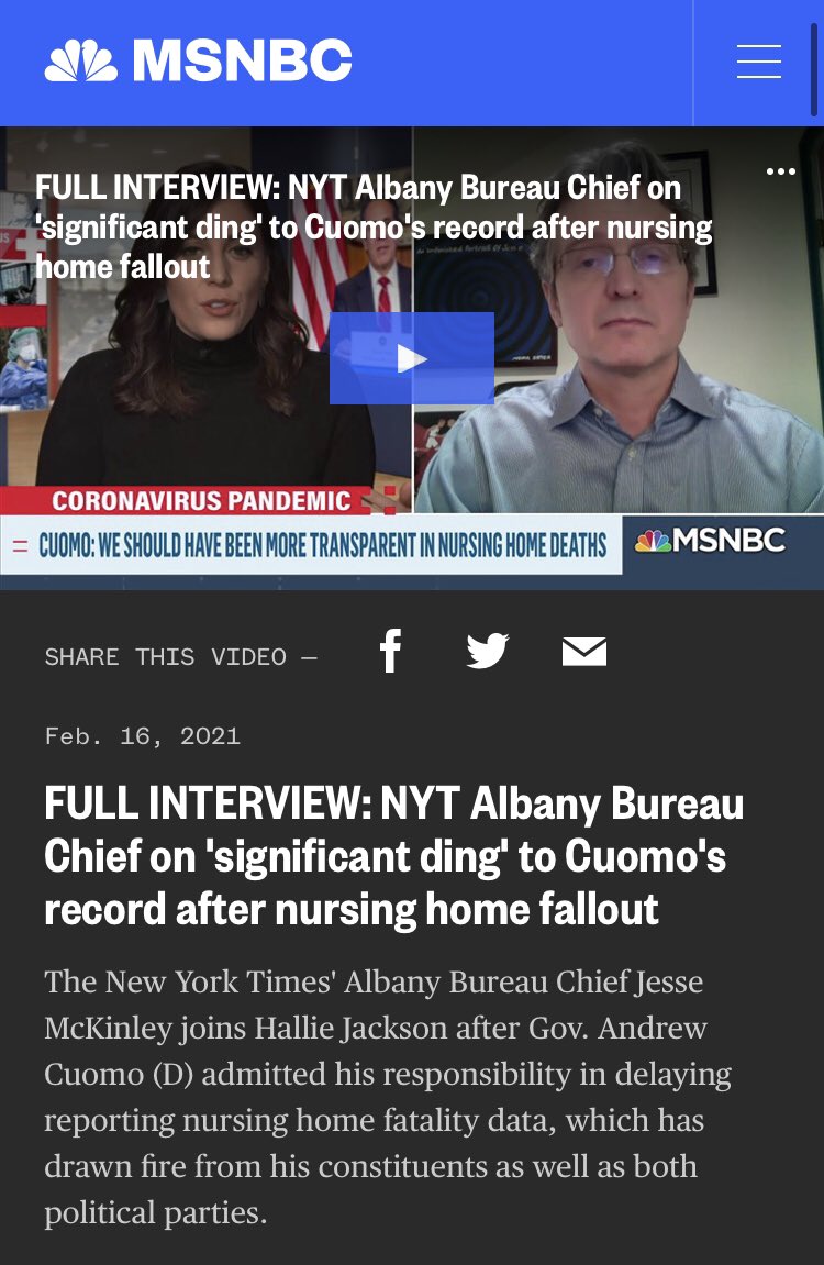 Mere hours ago,  @MSNBC decided it was time to finally speak out about Cuomo’s latest criticisms.Perhaps next time they could address the unchallenged opportunity they gave Cuomo in June to defend his nursing home policy on their program?