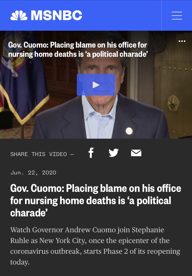 Mere hours ago,  @MSNBC decided it was time to finally speak out about Cuomo’s latest criticisms.Perhaps next time they could address the unchallenged opportunity they gave Cuomo in June to defend his nursing home policy on their program?