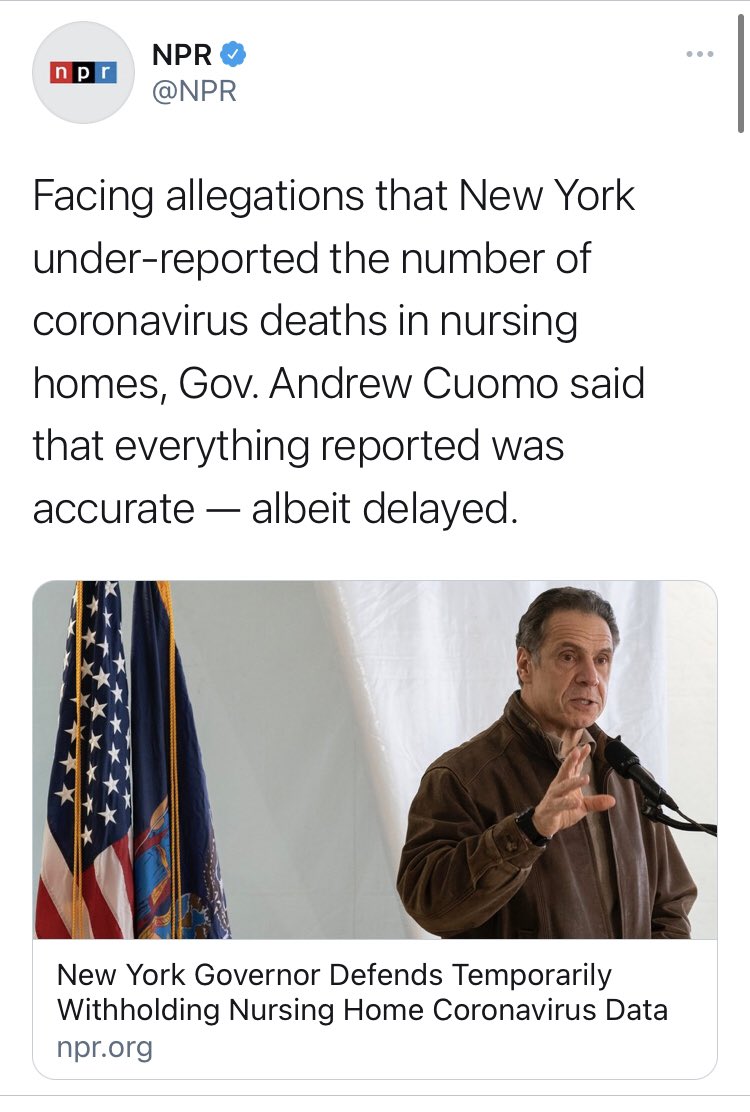 And it also took them a while, but it appears that even  @NPR has wizened up to Cuomo.In retrospect, I’m not sure that “listening to the experts and sticking to the facts” can rightly be called “character traits” for Governor Cuomo.