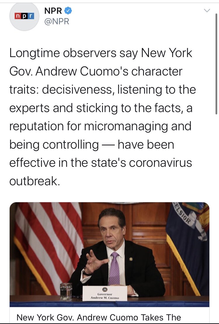 And it also took them a while, but it appears that even  @NPR has wizened up to Cuomo.In retrospect, I’m not sure that “listening to the experts and sticking to the facts” can rightly be called “character traits” for Governor Cuomo.