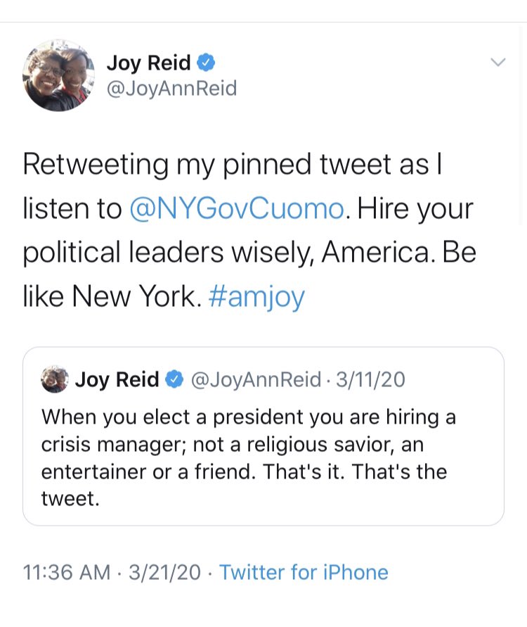 She isn’t alone among media personalities who aren’t related to the Governor. Perhaps  @JoyAnnReid would like to revisit her (no longer pinned) tweet? She hasn’t mentioned Cuomo since June. Seems a good time to discuss Cuomo as a “crisis manager.”
