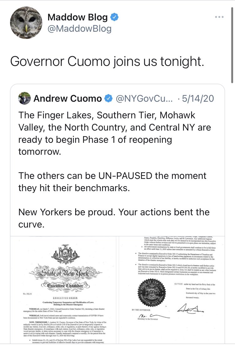 And speaking of a good time for an  @MSNBC person to revisit their love of Cuomo, where’s  @MaddowBlog/ @maddow been? Surely Cuomo would love to come back on your program, as he did back in May?
