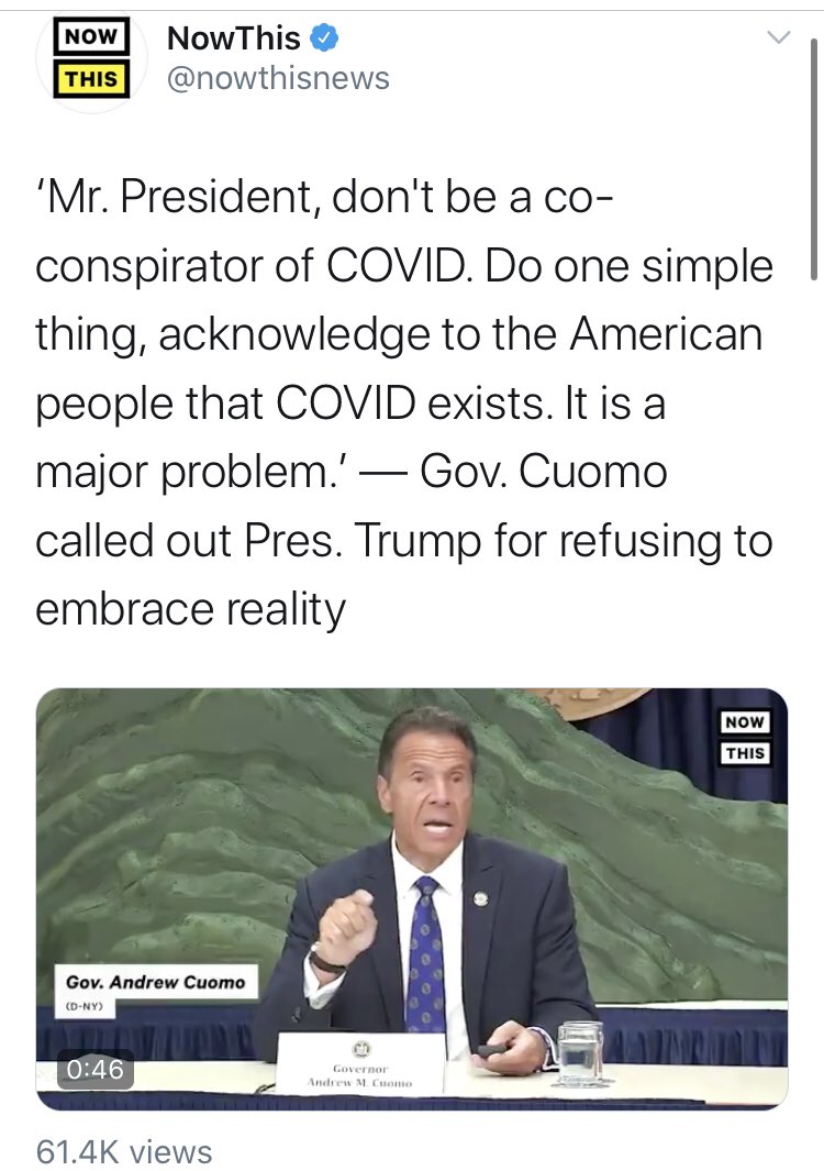 I wasn’t holding my breath for  @nowthisnews to come around but it is pretty remarkable that they’re still doing live broadcasts of Cuomo’s updates and nothing else - admittedly without the color and context they used to.