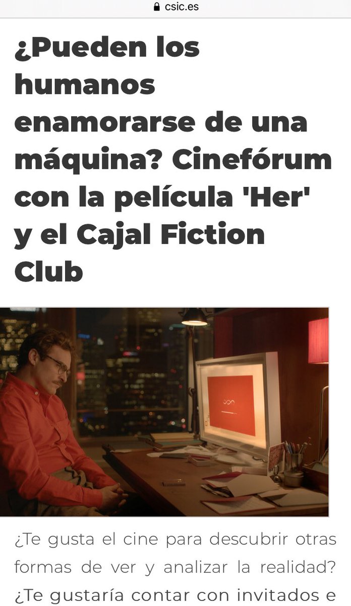 Cajal Fiction Club (@clubcajal) on Twitter photo ¡¡Esperamos que os haya impresionado “Her”!!
¡¡Hoy a las 7 pm DEBATE expertos y vosotros !! Link de acceso:
conectaha.csic.es/b/jos-ui7-oeg-…
Código: 239456. <a href="/FGCSIC/">Fundación General CSIC</a> <a href="/SENC_/">SENC</a> <a href="/InstitutoCajal/">Instituto Cajal-Centro de Neurociencias Cajal-CSIC</a> <a href="/NeuroAlc/">Instituto de Neurociencias UMH-CSIC</a> ¡¡Esperamos que os haya impresionado “Her”!!
¡¡Hoy a las 7 pm DEBATE expertos y vosotros !! Link de acceso:
conectaha.csic.es/b/jos-ui7-oeg-…
Código: 239456. <a href="/FGCSIC/">Fundación General CSIC</a> <a href="/SENC_/">SENC</a> <a href="/InstitutoCajal/">Instituto Cajal-Centro de Neurociencias Cajal-CSIC</a> <a href="/NeuroAlc/">Instituto de Neurociencias UMH-CSIC</a>