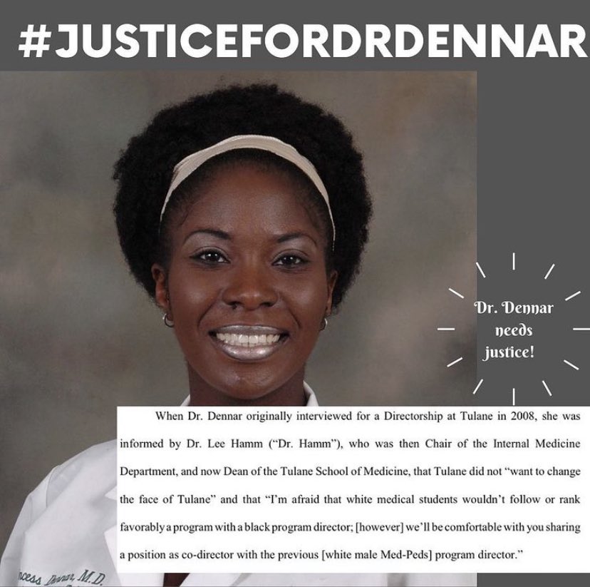 Dr. Dennar's horrifying experience at Tulane is sadly not unique in the ivory tower's perpetuation of white supremacy. Her case, though, is remarkably egregious in its overt &amp; longstanding nature. We support &amp; applaud her for her strength in fighting this dangerous status quo. 1/