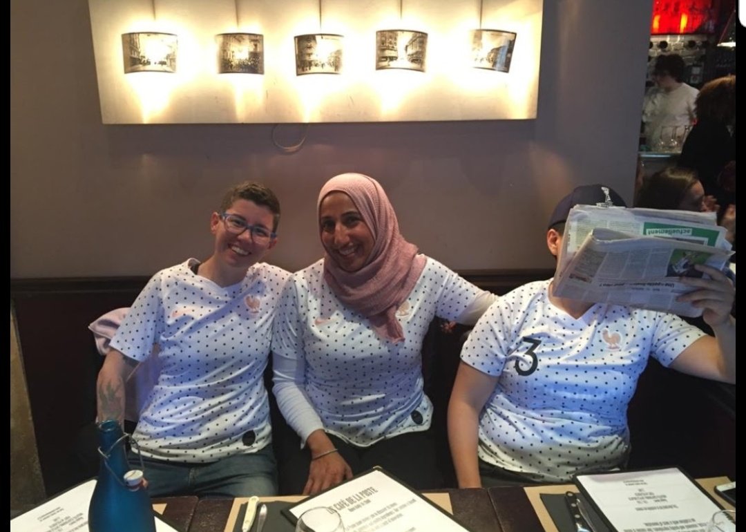 One of my fave times with Famous Meg was in Paris for WWC 2019. We cheered for les bleues in our kits in a beautiful bistro and even got  @thrace to be in our photo.