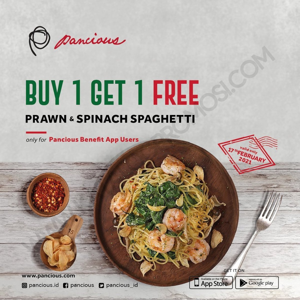 katalogpromosi's tweet image. PANCIOUS Promo BELI 1 GRATIS 1 untuk Prawn &amp;amp; Spinach Spaghetti, Hanya berlaku tanggal 17 Februari  2021 khusus untuk Member Pancious Benefit App

Info Lengkap ▶️ ow.ly/FpwY50DC8Xk

#pancious #promo #diskon #beli1gratis1