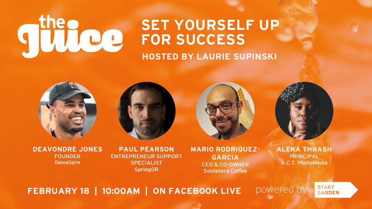 startgarden's tweet photo. #Entrepreneurs: Need help setting measurable goals? 📊 

Work through your roadblocks with us this Thursday on The Juice with guests: @Dancespire, #SpringGR, @soldaderacoffee, and @actphotomedia.

Link to join: https://t.co/x7NC9xL3g8 #StartGarden #OpportunityStartsHere https://t.co/sk3Phl0Ywy