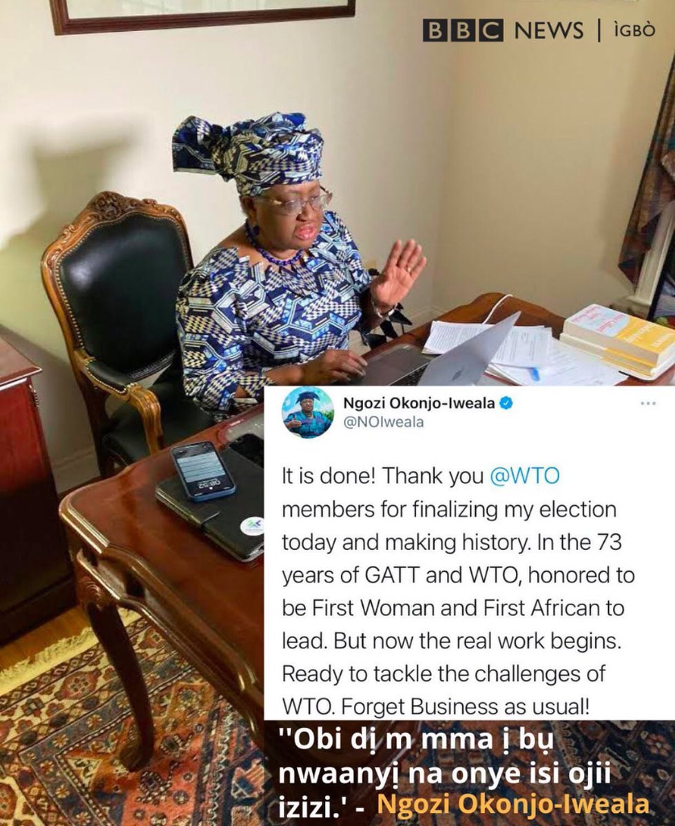 RosemaryKolo's tweet photo. Congratulations to Ngozi Okonjo Iweala for becoming the first African and first woman to lead the World Trade Organisation (WTO).
#BlackHistoryMonth 
#proudnigerian
#BelikeNgozichallange
#yagazie https://t.co/yAtw6o0qRT