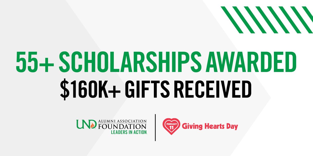 Drum roll, please... 🥁

Because of your generosity, more than 55 students will receive a scholarship from over $160,000 in funds raised this year. 

Thank YOU. Initiatives like #GivingHeartsDay help our students become leaders, earn their degrees and pursue goals beyond UND.