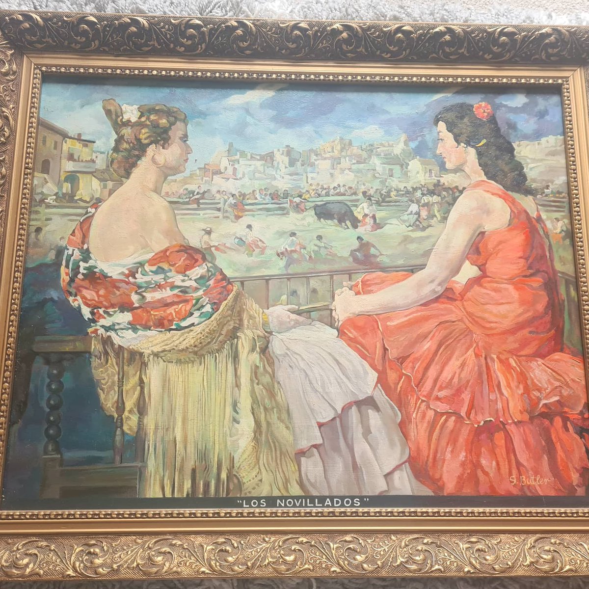 CRntiques's tweet photo. STUMPED with this one! This painting seems like a copy of the origional 'Los Novillados' painted by Francisco Rodriguez Sanchez Clemente. ⁣
⁣
Any help with this would be amazing! Wonder who G (or maybe J?) Butler is 🤔⁣
⁣⁣⁣⁣ https://t.co/gFLME9Oy3t