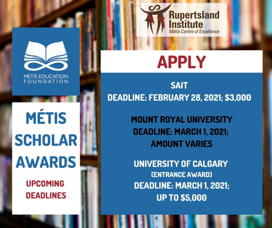 rupertslandorg's tweet photo. Attention Métis students at SAIT, Mount Royal University, and University of Calgary! Here are the deadlines and links to apply for a Métis Scholar Award at you school.

SAIT: https://t.co/9JiiClKWd5
MRU: https://t.co/BIoWt9P15M
UofC: https://t.co/5GHYEKmQZ6

#Métis #abed #alberta https://t.co/3QYMNYE736