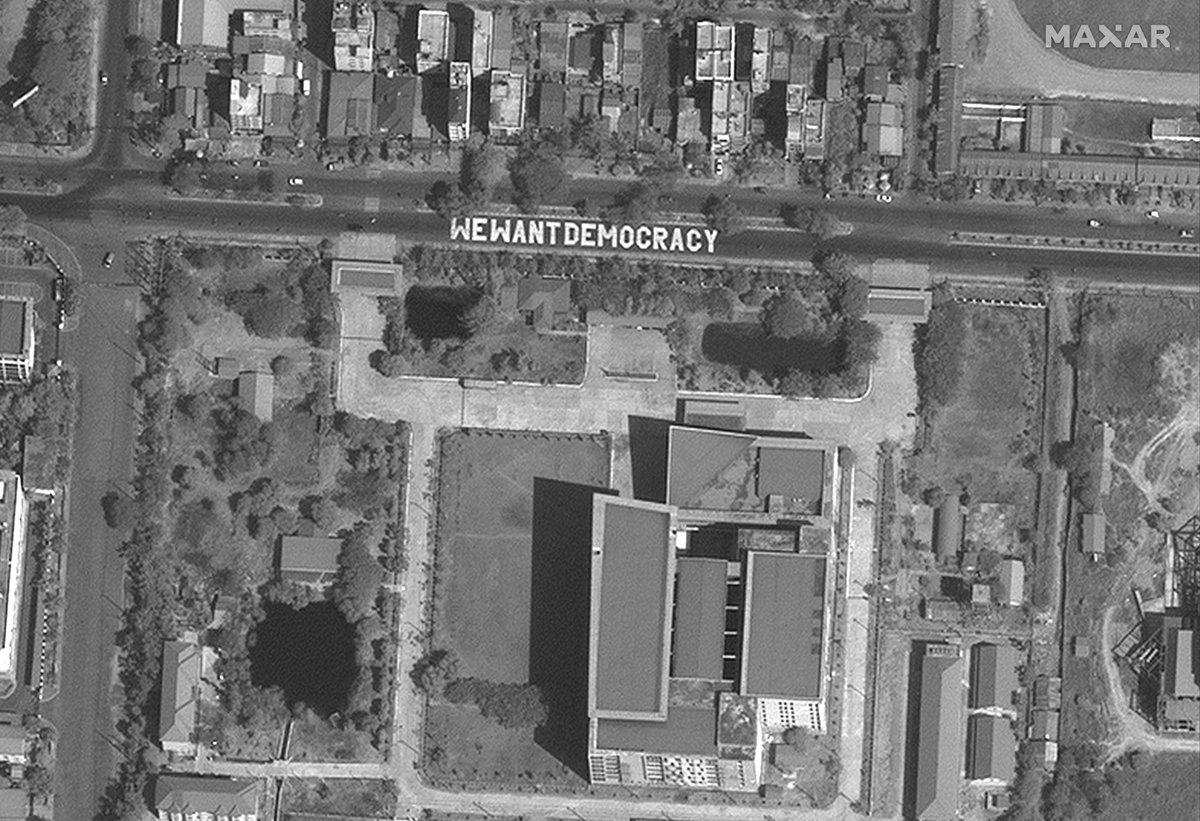 Christoph Koettl (@ckoettl) on Twitter photo Satellite image from today captures "We want democracy" on the streets of Mandalay, #Myanmar. 🛰️📷 via <a href="/Maxar/">Maxar Technologies</a> Satellite image from today captures "We want democracy" on the streets of Mandalay, #Myanmar. 🛰️📷 via <a href="/Maxar/">Maxar Technologies</a>