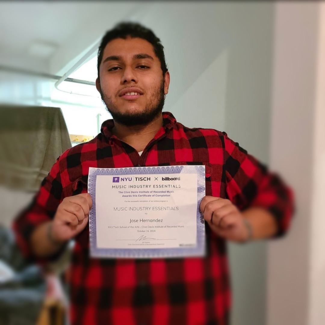 YellowbrickLrn's tweet photo. Jose @pltnm_us_nl_sv recently completed our music course! He shared he enrolled in #MusicU #soicould get more of an understanding of the music industry. Congrats, Jose! https://t.co/djHRJwqbII