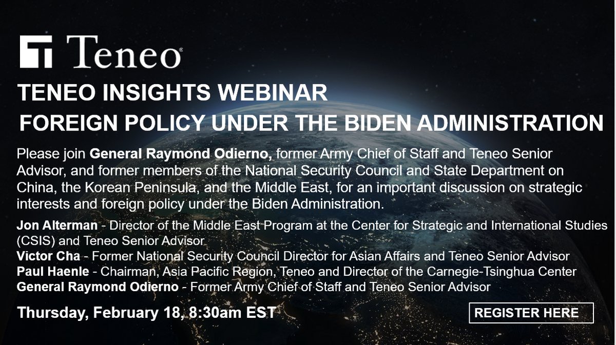 Join General Raymond Odierno, former Army Chief of Staff and former members of the National Security Council, on Thursday, February 18, at 8:30am EST, for an important discussion on strategic interests and foreign #policy under the #Biden Administration. https://t.co/WKJkwx9CFI https://t.co/G8rwIaydbb