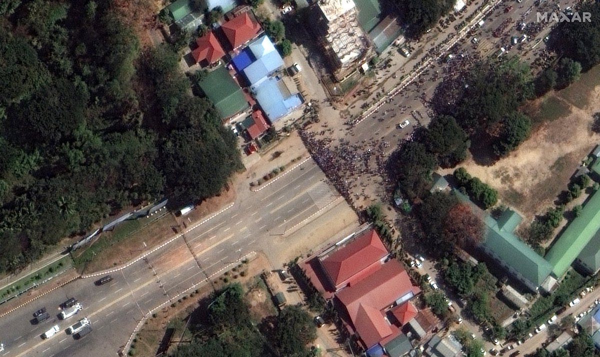 vantortech's tweet photo. Pro-democracy protests continue in #Myanmar, despite a large military presence, as seen here in these #satellite images from February 13 &amp; 16, 2021, including a large “We Want Democracy” street mural. https://t.co/S236q1PAlv