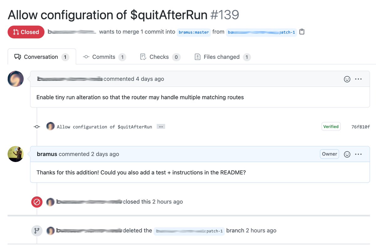 bramus's tweet image. I thought I asked nicely, but apparently … 

Oh well, their loss ¯\_(ツ)_/¯ 

#OpenSource #PullRequest